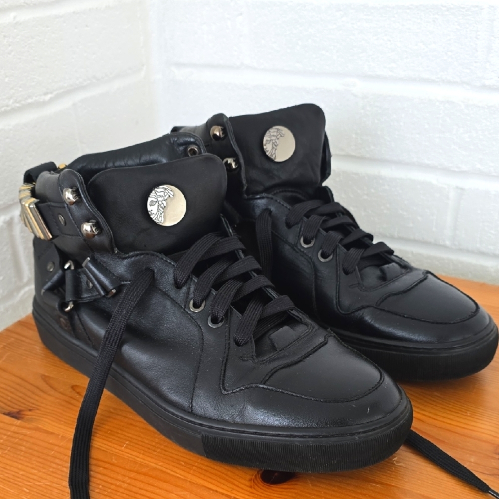 Versace Collection Black Leather Medallion High Top Sneakers Size 41